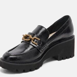 Dolce Vita Harlen Black Patent Loafer with Gold Chain Detail